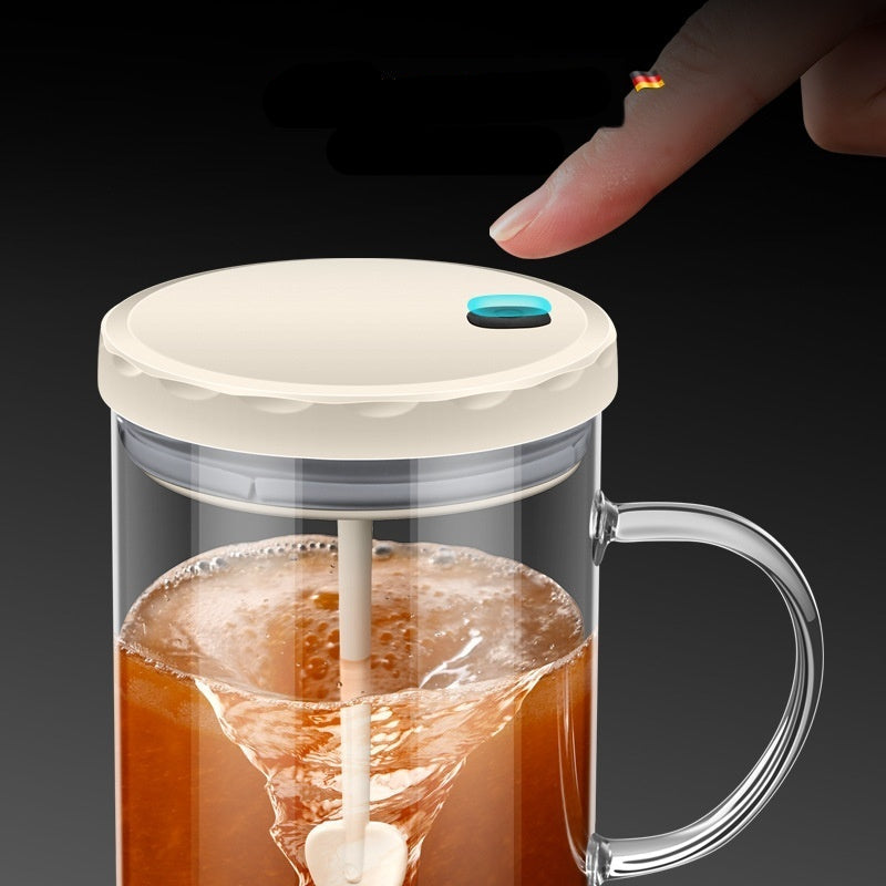 Clear mug with white lid and blue button, filled with a brown liquid, on a black background.