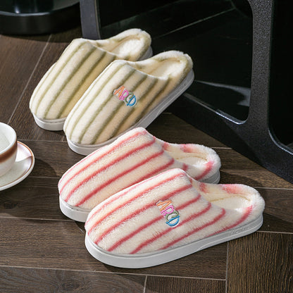 Ins Plush Striped Slippers - Winter Warm Letter Embroidered Shoes