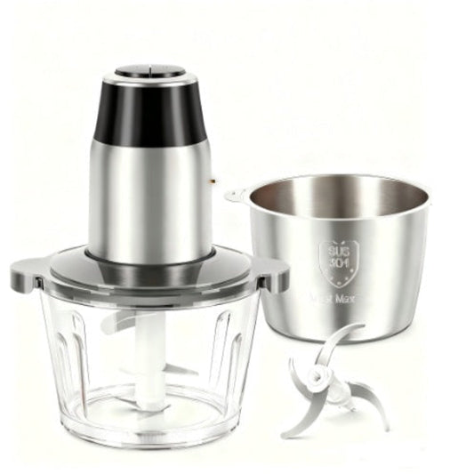 Stainless steel food chopper with clear container on a white background