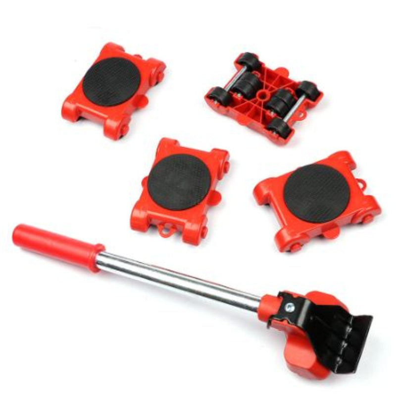 Set of red and black tools with a long handle on a white background