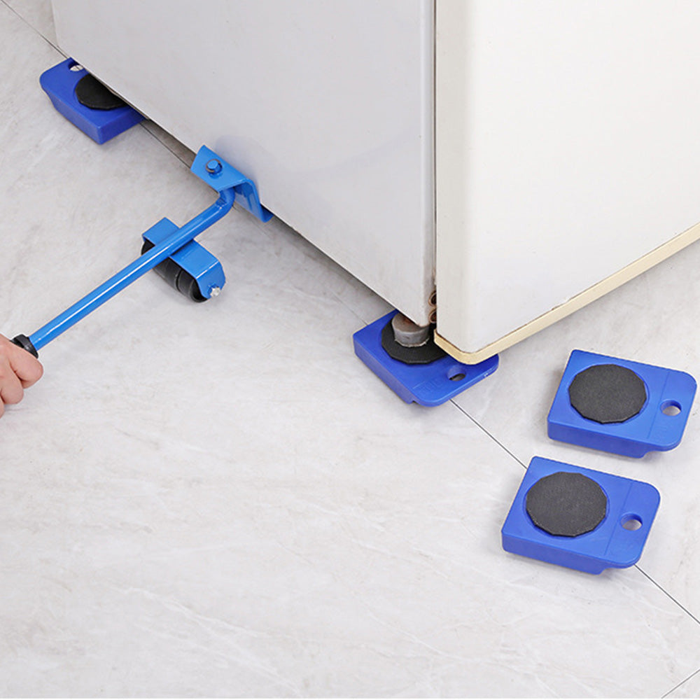 Blue furniture leveling kit being used to adjust a piece of furniture on a tiled floor.