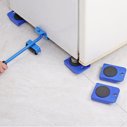 Blue furniture leveling kit being used to adjust a piece of furniture on a tiled floor.