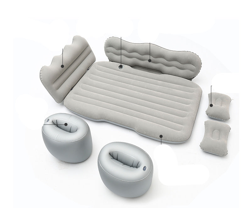 Inflatable camping mattress set with labeled parts on a white background