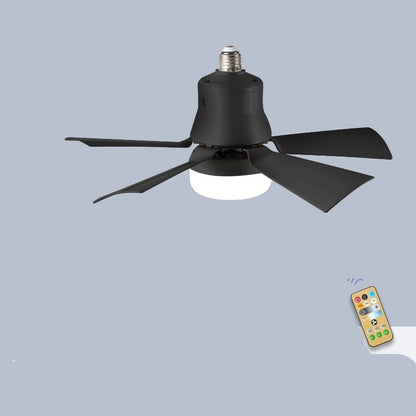 Black ceiling fan light with remote control, dimensions, and light color options on a gray background.