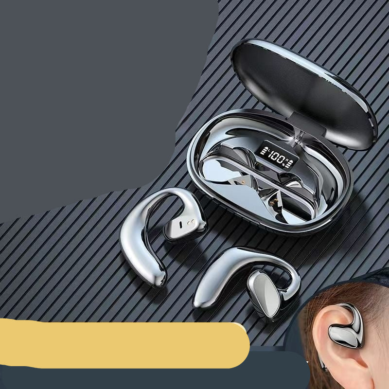 Wireless earbuds with charging case on a striped background