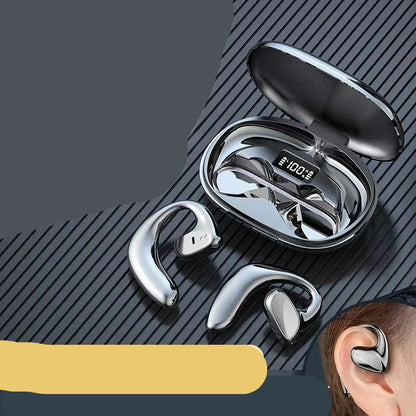 Wireless earbuds with charging case on a striped background