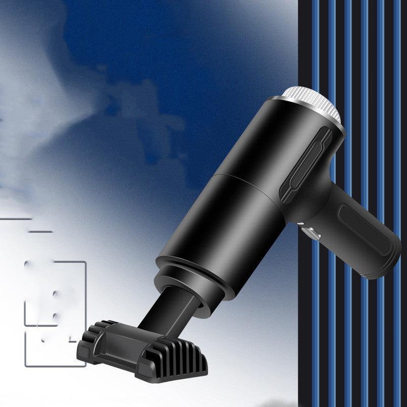 Black handheld vacuum cleaner with a blue gradient background