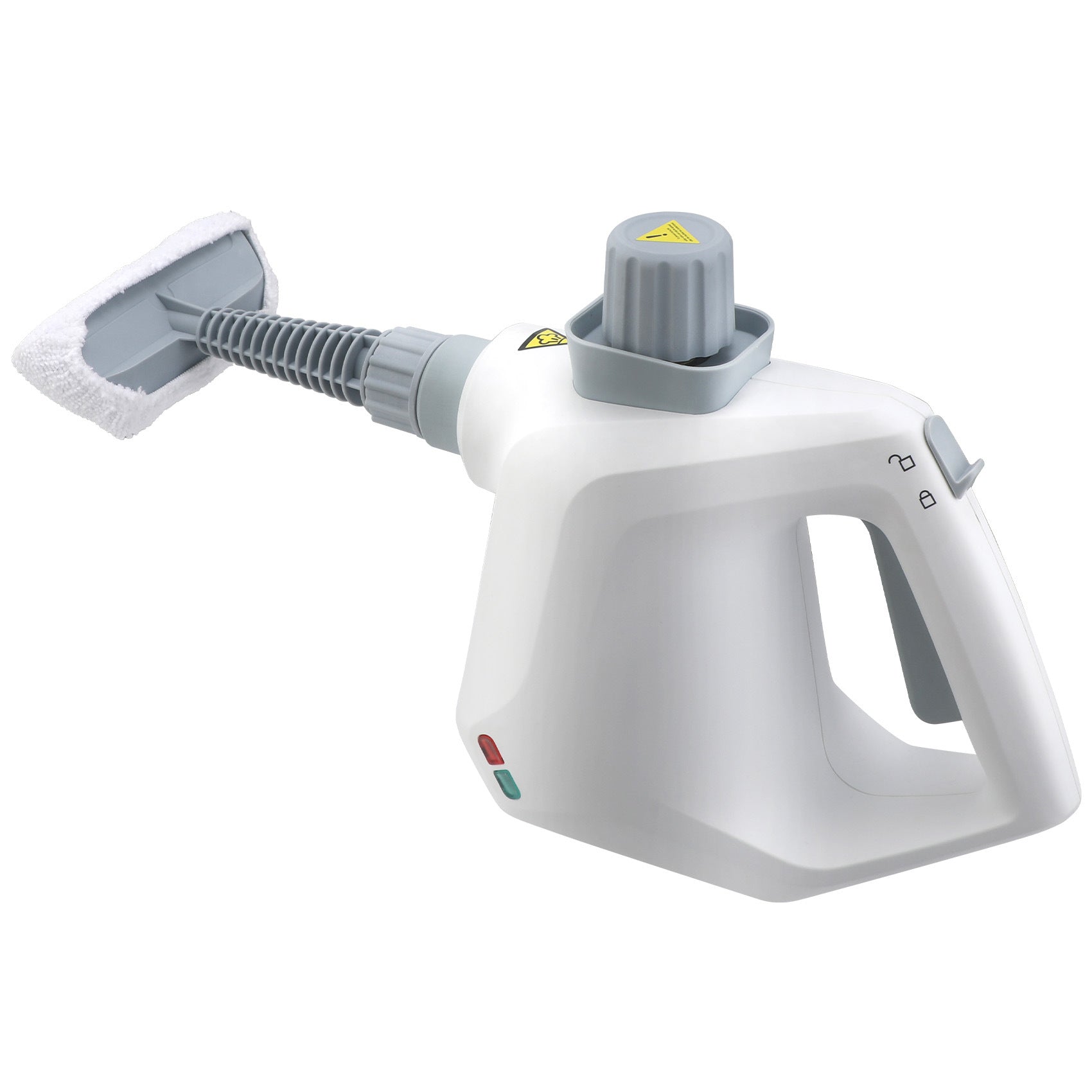 White handheld steamer with gray nozzle on a white background