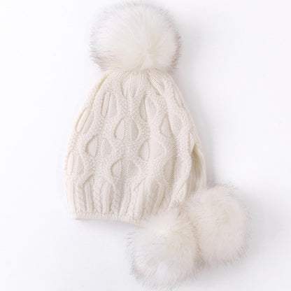 Ladies Knitted Hat with Three Rabbit Hair Balls
