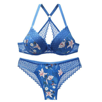 Blue floral lingerie set on a white background