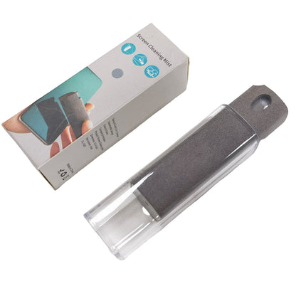An advertisement showing a 2-in-1 screen cleaner with a spray bottle and a built-in microfiber wipe, being used to clean a smartphone screen.