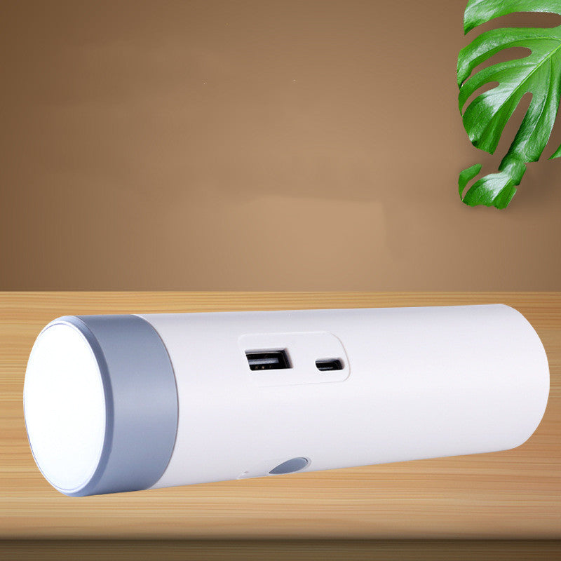 Cylindrical device with USB ports on a wooden surface with a leaf in the background