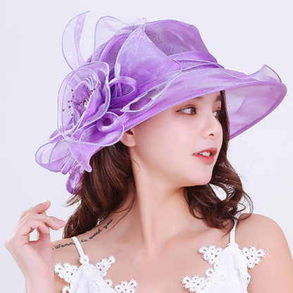 Women's Gauze Flower Wide Brim Hat