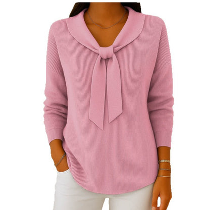 Women's Solid Color Loose Knitted Bow Sweater - Casual Japanese & Korean Style