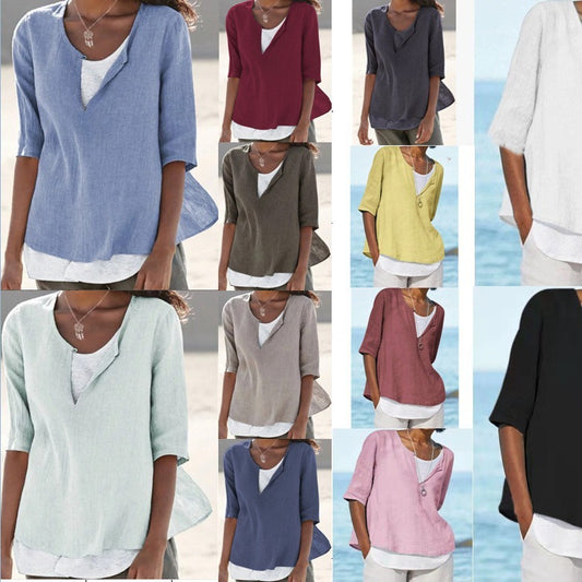 2025 Spring And Summer V-neck Solid Color Cotton And Hemp Medium Sleeve Women's Shirt