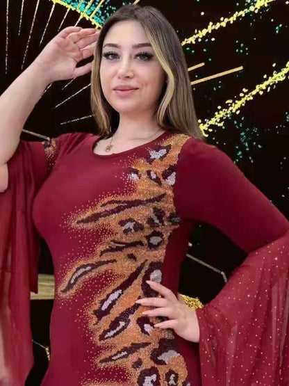 Factory Direct Sale Low Price Novelty Design Women Formal Dresses Tiger Spots Drilled Shinning Ladies Wearing Turkish