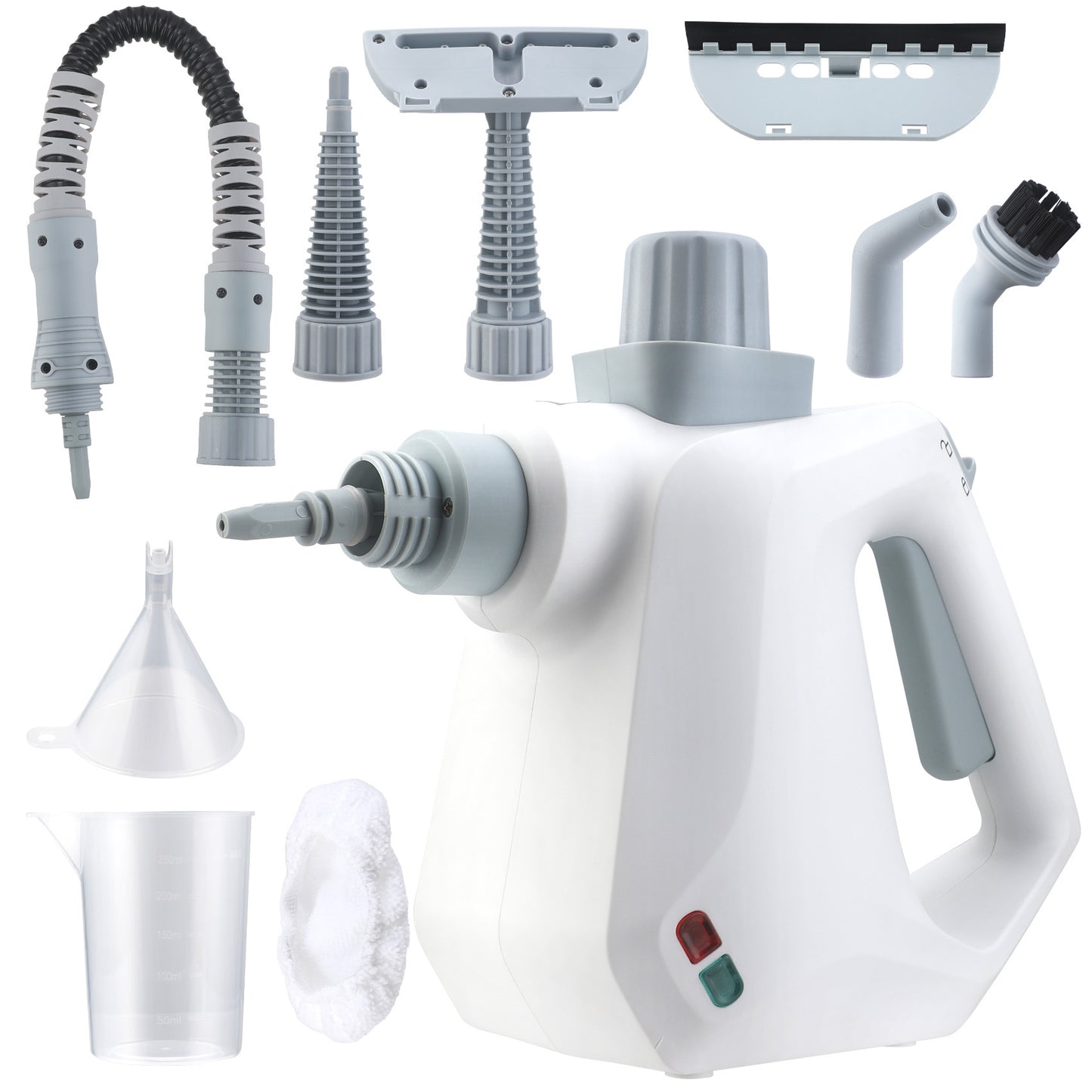 White handheld cleaning tool with various attachments on a white background