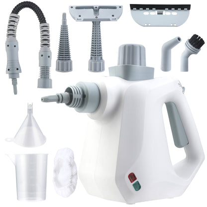 White handheld cleaning tool with various attachments on a white background