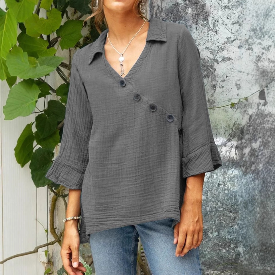 Women's Cotton And Linen Button V-neck Shirt Top