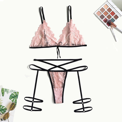 Lace Hollow Lingerie with Leg Straps – Elegant Three-Point Design
