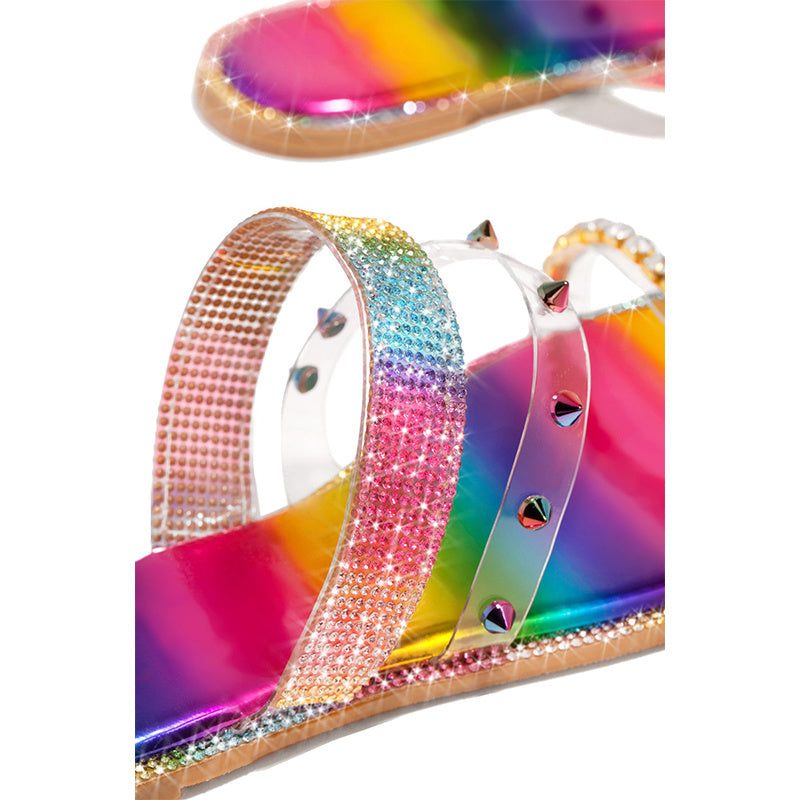 Rhinestone Rivets Flat-bottomed Colorful Sandals And Slippers Women