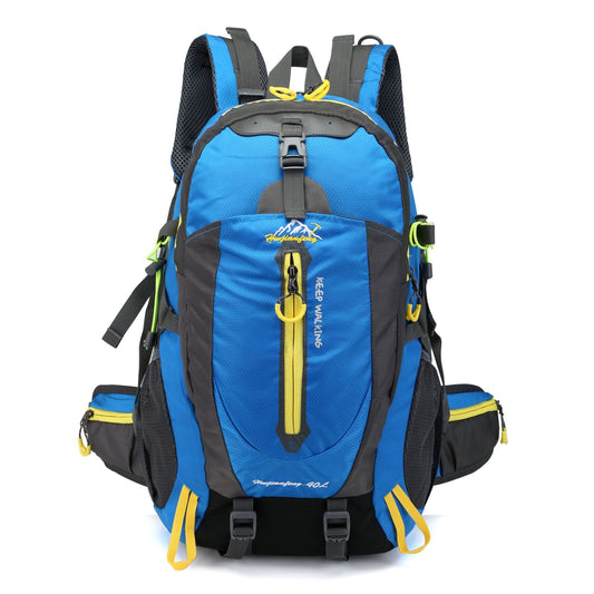A blue and black backpack with yellow accents, featuring a front zipper pocket and side mesh pockets, marked with the brand 'weikani' and '40L'.
