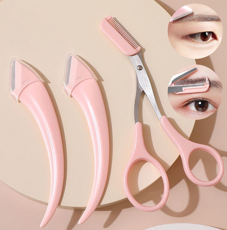 Pink eyebrow grooming tool set with close-up shots on a beige background