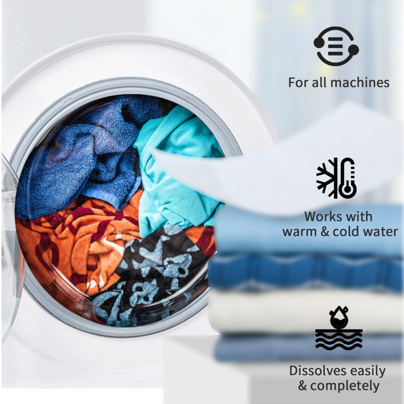 Laundry detergent being added to a washing machine with product features highlighted.