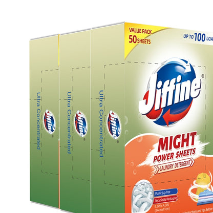 Box of JIFFINE Laundry Tablets with the label showing the product name, brand, and additional information such as 'Ultra Concentrated', '50 Sheets', and 'Up to 100 Loads'.