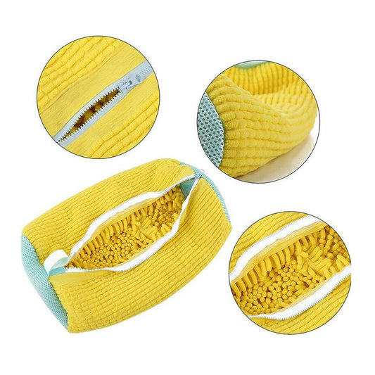 Yellow textured pouch with close-up details on a white background