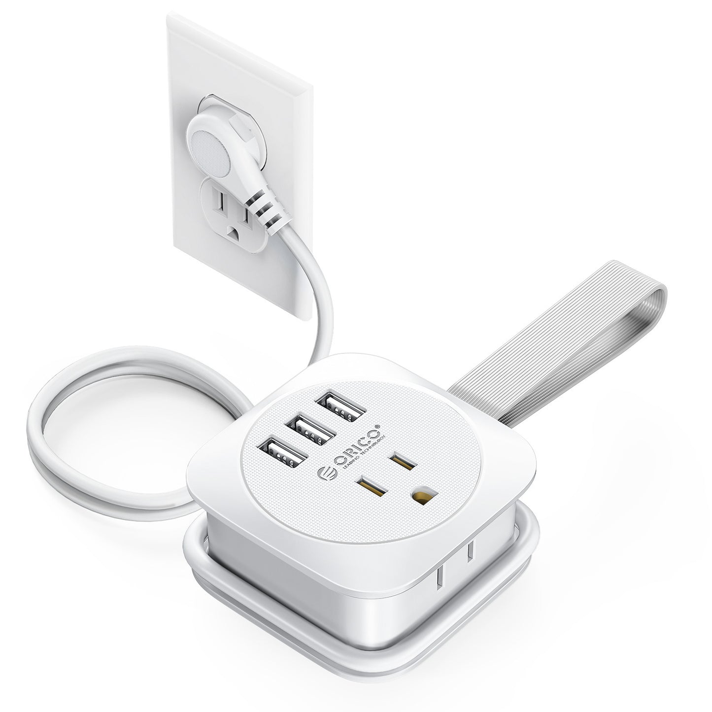 White power strip with multiple outlets and USB ports on a white background