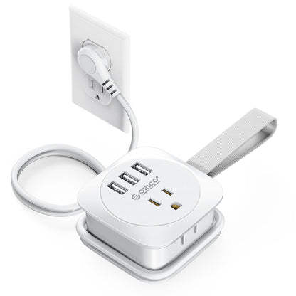White power strip with multiple outlets and USB ports on a white background