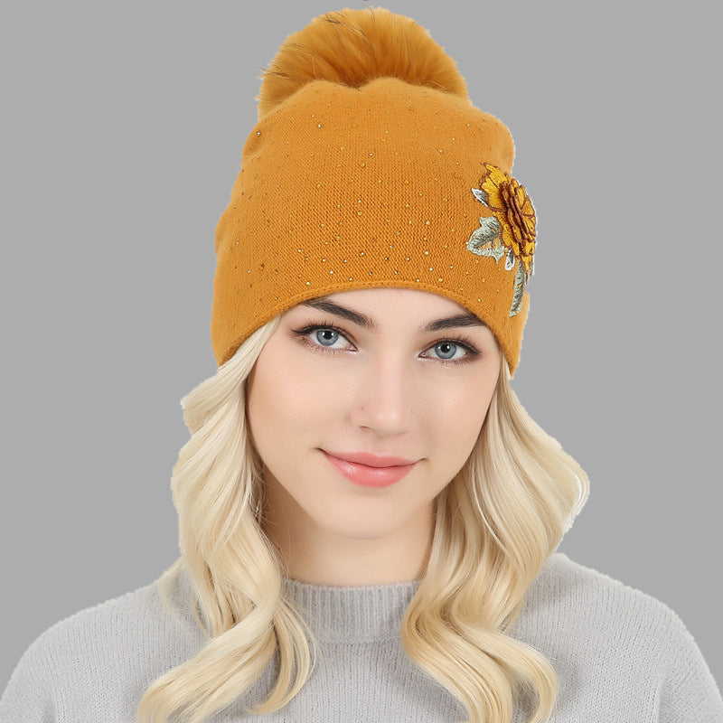 Fox Fur Ball Embroidery Knitted Hat
