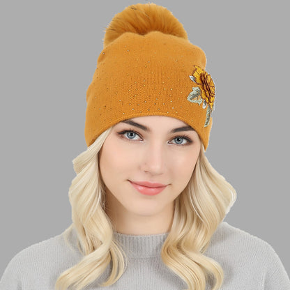 Fox Fur Ball Embroidery Knitted Hat