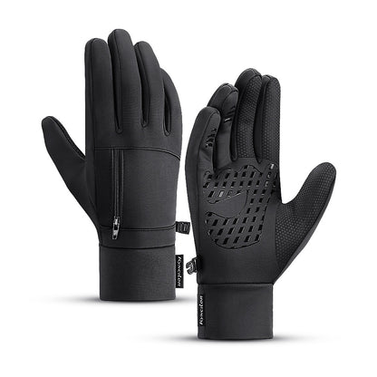 Pair of black gloves with touch screen tips on a white background