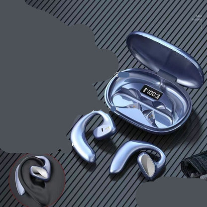 Blue wireless earbuds with charging case on a dark background