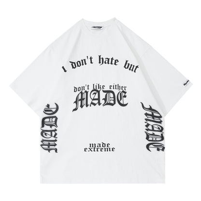 White t-shirt with black text and branding on a white background