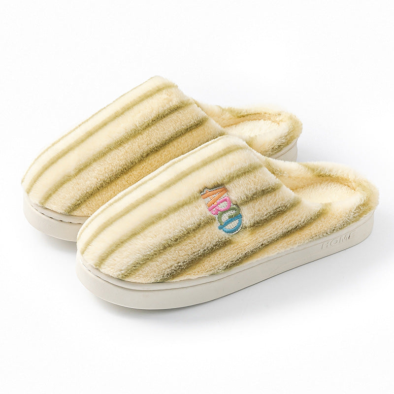 Ins Plush Striped Slippers - Winter Warm Letter Embroidered Shoes