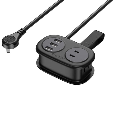 Black power strip with two outlets and two USB ports on a white background