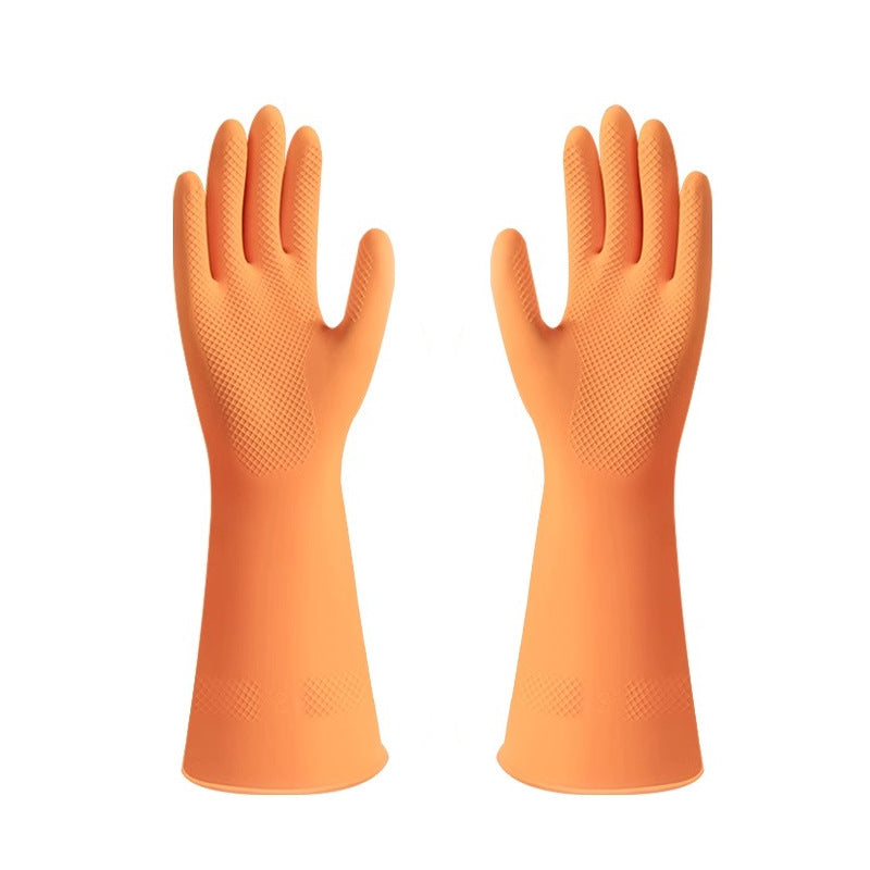 Pair of orange rubber gloves on a white background