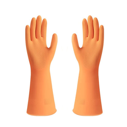 Pair of orange rubber gloves on a white background