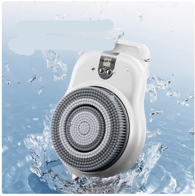 White electronic device with circular component, surrounded by water droplets on a light blue background.