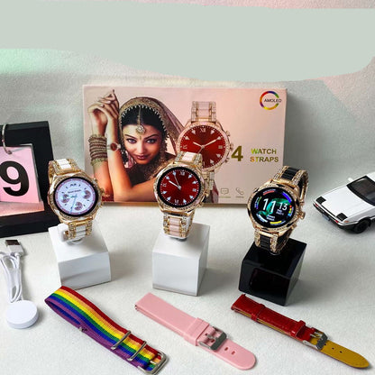Smart watch set with multiple straps and a box featuring a woman's face on a light gray background.