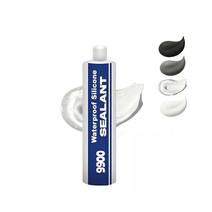 Waterproof silicone sealant bottle with sample applications on a white background