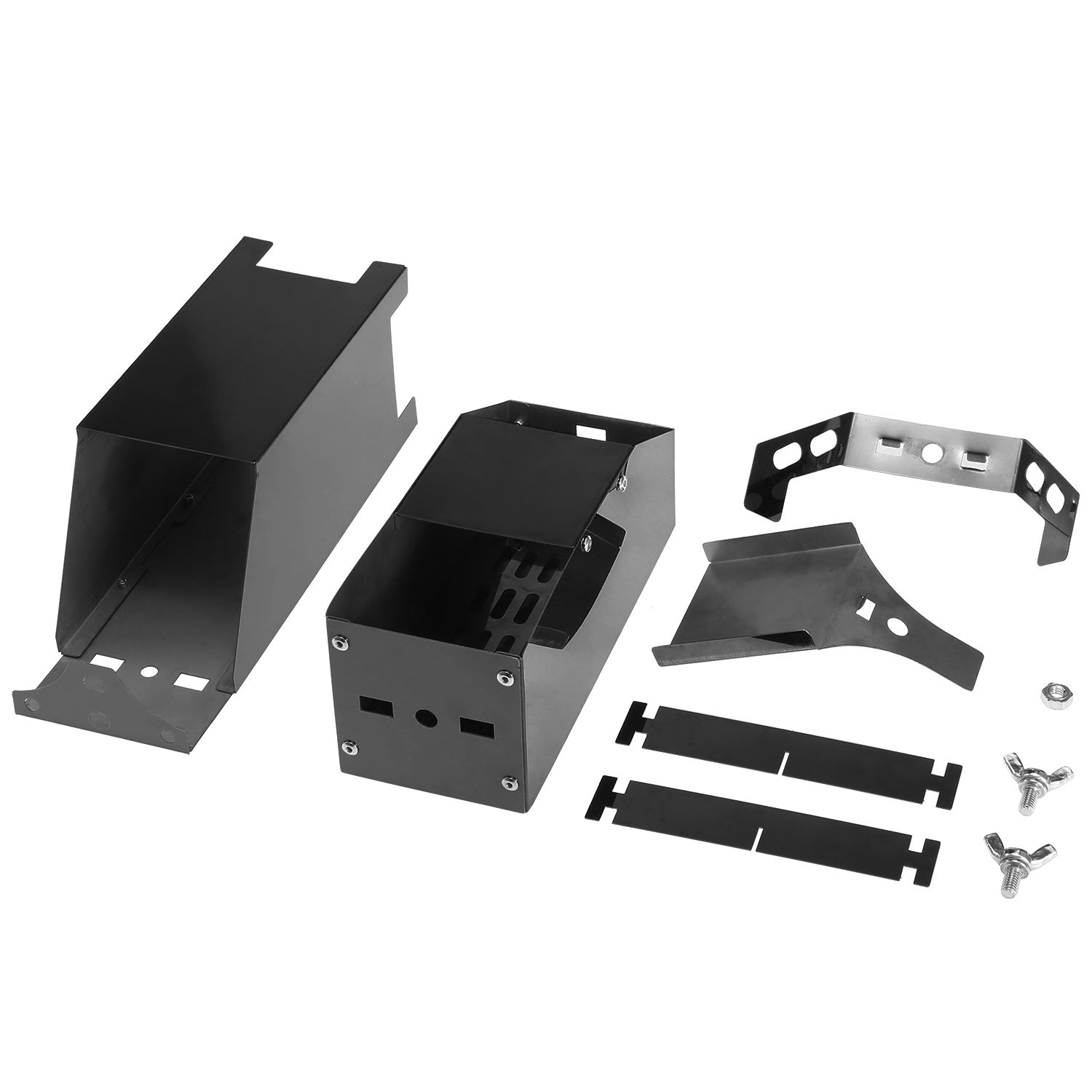 Set of black metal brackets and components on a white background