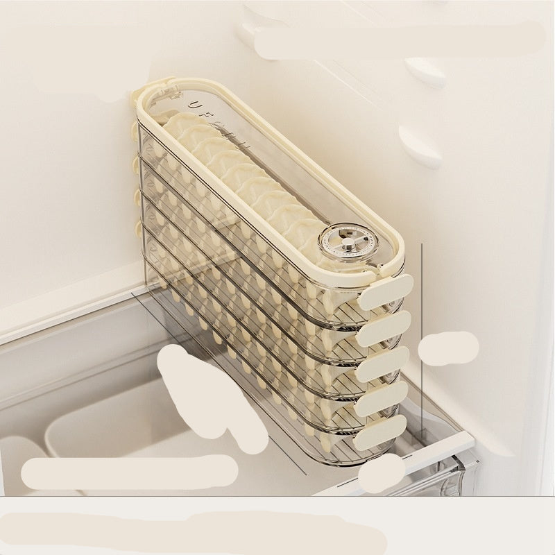 Stackable dumpling box with dimensions and material information on a white background