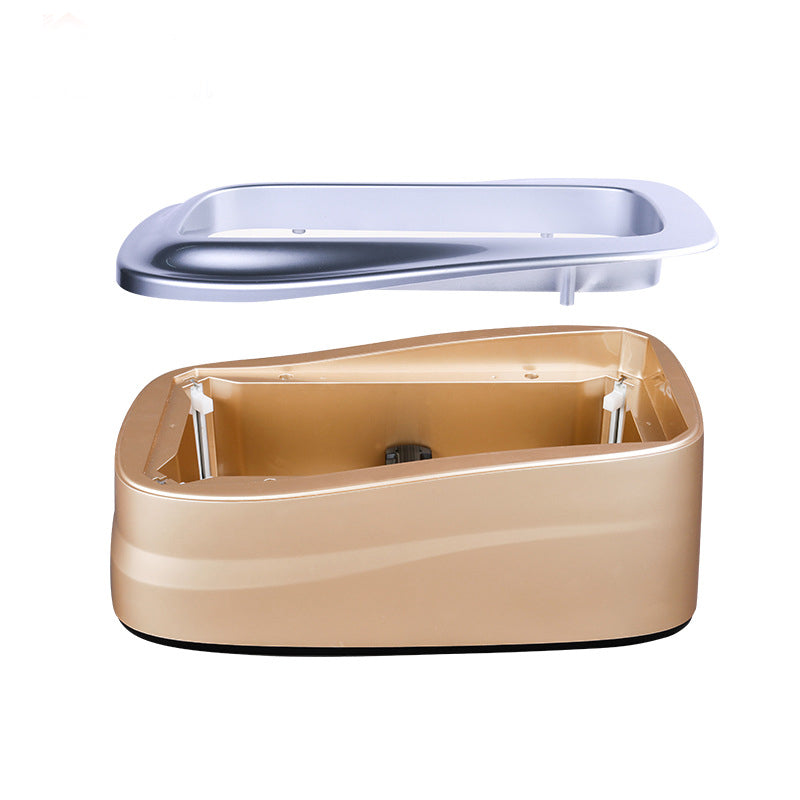 Beige pet water fountain with a white lid on a white background