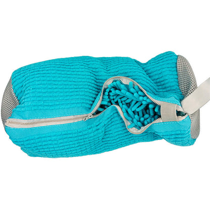 A gray and blue striped shoe bag with a zipper closure and a small white and blue label attached to it.