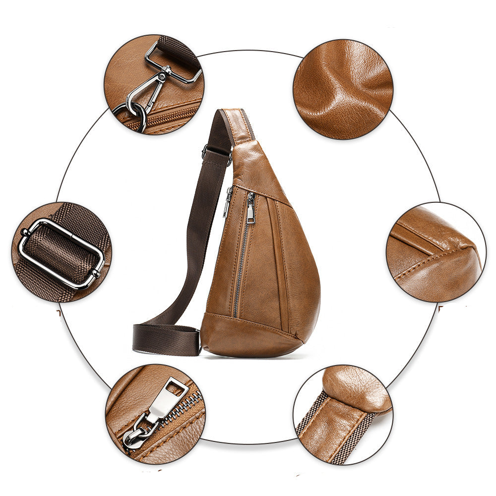 Brown leather sling bag with close-up details on hardware, leather texture, stitching, zipper, and strap.