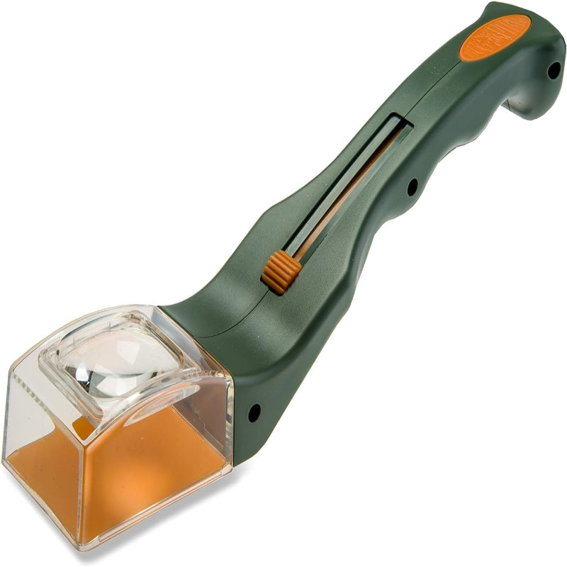 Green and orange tool with a clear rectangular component on a white background